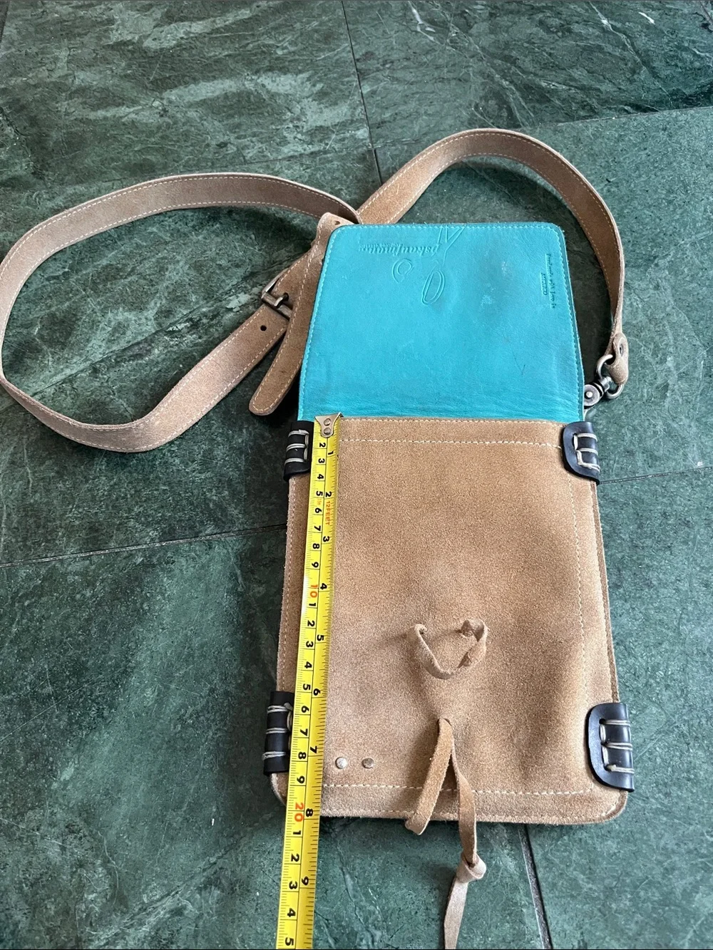 Tan Suede Men's Messenger Crossbody Bag with Black Accents